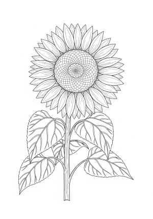 A detailed drawing of a blooming sunflower with intricate petal patterns and leaves surrounding the stem