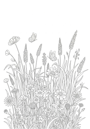 A whimsical garden scene featuring a variety of delicate wildflowers intertwined with tall grasses and butterflies