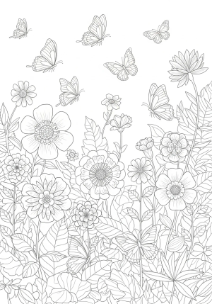 A detailed scene of a garden filled with blooming flowers and fluttering butterflies among lush foliage, with intricate patterns for coloring