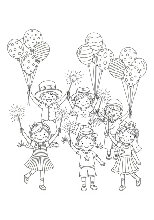 A cheerful group of children dressed in patriotic clothing, holding sparklers and balloons, celebrating the Fourth of July outdoors.