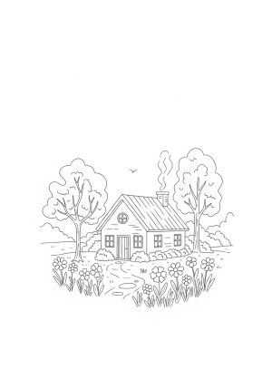 A peaceful scene featuring a cozy cottage surrounded by simple flowers and trees in a minimalistic style