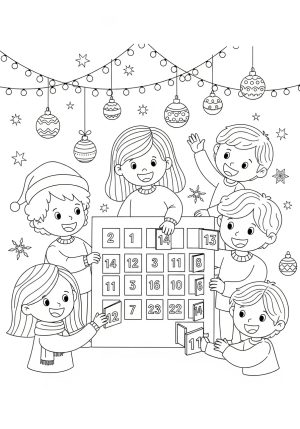 Children joyfully opening Advent calendars with numbered doors, surrounded by holiday ornaments and twinkling lights.