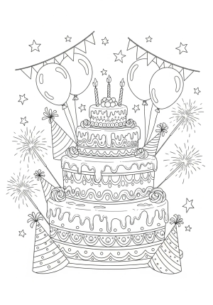 A whimsical scene featuring a large birthday cake with intricate icing patterns, surrounded by party hats, balloons, and sparklers