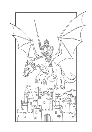 A brave young knight in shining armor riding a majestic dragon over a medieval castle, ready for adventure