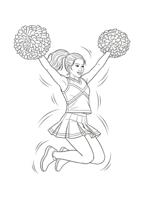 A dynamic cheerleader mid-jump with pom-poms raised high, surrounded by energetic movement lines.