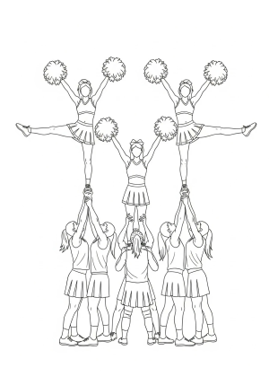 A group of cheerleaders performing a synchronized cheerleading stunt with pyramids and raised pom-poms, showcasing teamwork and enthusiasm.