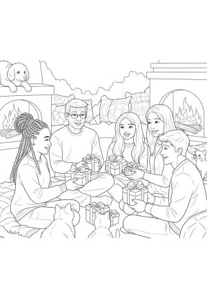 A group of diverse friends sitting in a circle, exchanging gifts and laughter with a backdrop of a cozy outdoor setting and playful animals nearby