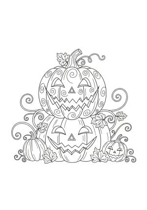 A cheerful jack-o'-lantern with a jagged grin and swirling patterns, sitting atop a carved pumpkin patch with curling vines