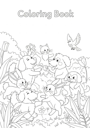 A cheerful group of animals, including a dog, cat, rabbit, and bird, playing together in a lush garden setting