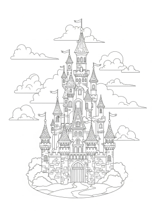 A whimsical castle surrounded by tall towers, clouds, and intricate stonework, set in a fairytale landscape