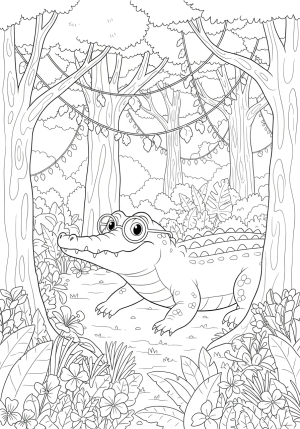 An adventurous scene featuring a curious crocodile wearing glasses and exploring a jungle filled with trees, vines, and flowers