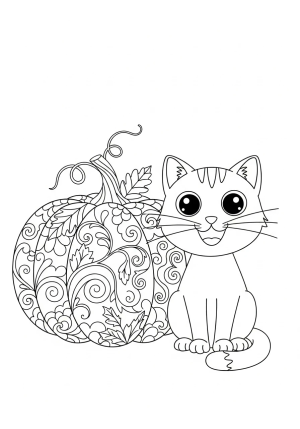 A playful illustration of a cheerful cat sitting next to a pumpkin filled with swirling patterns and decorative elements