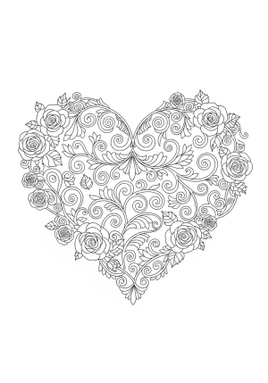 A heart-shaped wreath intertwined with roses, vines, and delicate filigree details