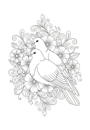 A pair of doves gently resting together amidst blooming flowers and swirling decorative patterns