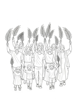 A joyful procession of people waving palm branches on a sunny day, with children and adults celebrating together
