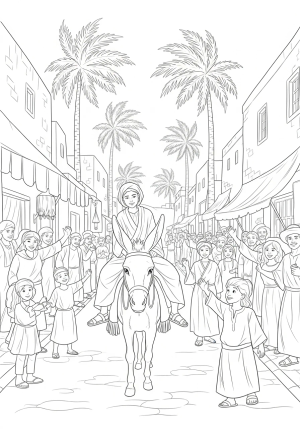 A detailed scene of a donkey carrying a person through a village street lined with palm trees and cheering crowds