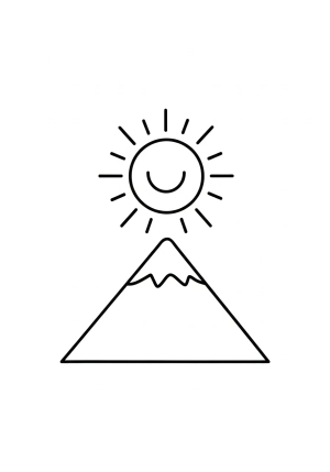 A cheerful sun shining above a simple triangle-shaped mountain, perfect for preschoolers to color