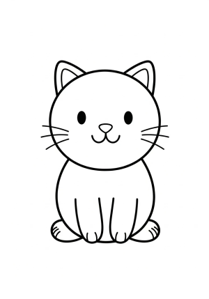 A cute cartoon cat made from a round circle body with little oval-shaped paws, ideal for early childhood coloring