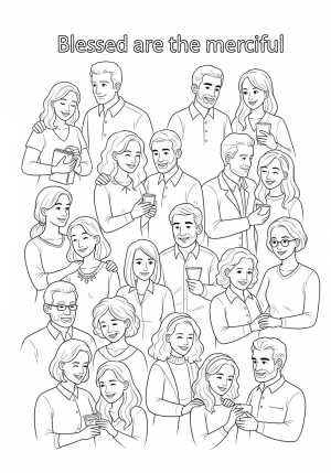 A joyful gathering of people sharing kindness and compassion, illustrating 'Blessed are the merciful,' with smiling faces and heartwarming interactions