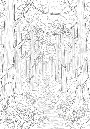 A detailed scene of a dense forest with tall trees, twisting vines, and a hidden wildlife trail winding through the foliage.