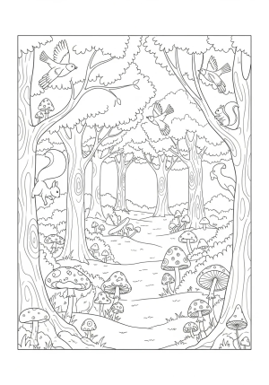 A magical forest clearing with whimsical trees, mushrooms, and wildlife like birds and squirrels peacefully interacting.