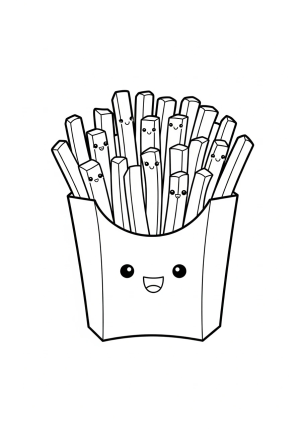 A cheerful box of crispy French fries with happy faces and smiling eyes