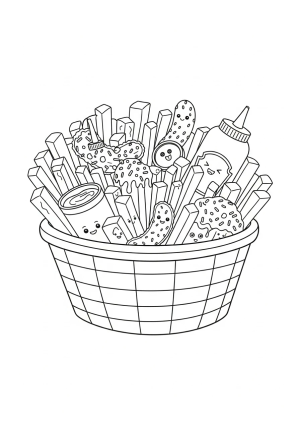 A cartoon-style basket overflowing with golden French fries and playful toppings