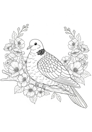 A detailed illustration of a serene dove resting on a branch surrounded by blooming flowers, symbolizing peace.