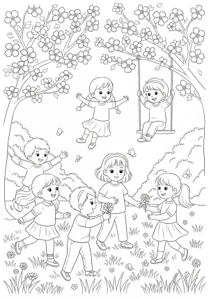 A joyful scene of children playing together in a sunny garden with blooming trees, capturing kindness and happiness.