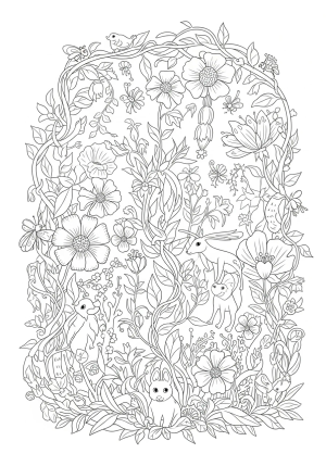 A whimsical garden filled with oversized flowers, insects, and climbing vines intertwined among playful animals.