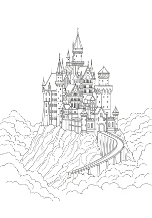 A majestic castle perched atop a mountain surrounded by swirling clouds, towers, and intricate architectural details.