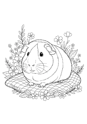 A cute guinea pig sitting on a cozy blanket surrounded by tiny flowers and leaves.