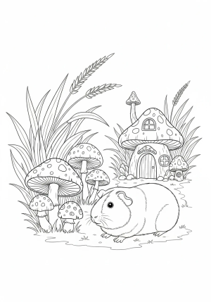 A guinea pig exploring a garden with tall grass, mushrooms, and a small woodland mushroom house.