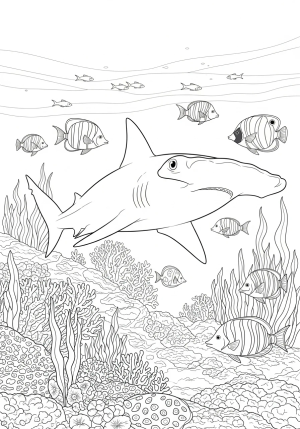 A playful scene of a hammerhead shark gliding over coral reefs and seaweed with various fish swimming around in a lively underwater environment