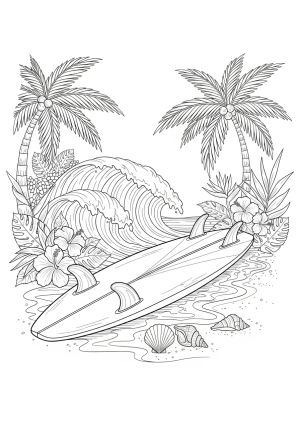 A detailed scene of a Hawaiian surfboard resting on the sandy beach with waves and seashells nearby, surrounded by tropical foliage