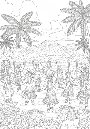 A scenic view of a traditional Hawaiian luau with hula dancers and tiki torches set against a backdrop of lush palm trees and volcanic mountains