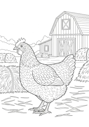 A detailed illustration of a hen standing in a lush farmyard with scattered hay and barn in the background.