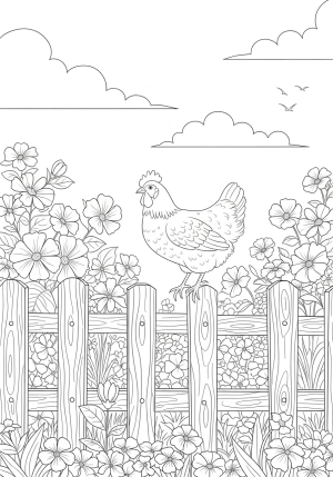 A whimsical scene of a hen perched on a wooden fence, surrounded by blooming flowers and a sunny sky.