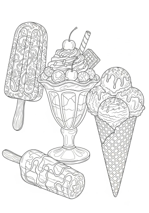 An assortment of ice cream treats including a popsicle, a sundae with whipped cream, and a waffle cone, all with intricate decorative details