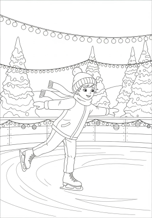 A joyful child gliding gracefully on an outdoor ice rink surrounded by snow-covered trees and festive decorations