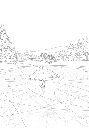 An elegant figure performing a spin on a frozen pond with intricate ice patterns and twinkling winter landscape in the background