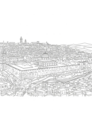 A panoramic view of the ancient city of Jerusalem showcasing historic buildings, arches, and alleyways full of cultural details