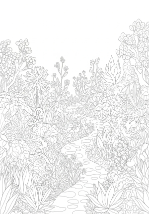 A magical garden filled with intricately detailed plants, fantastical creatures, and winding pathways