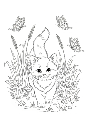 A curious kitten exploring a garden with tall grass, butterflies, and small mushrooms scattered on the ground