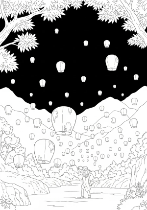 A peaceful scene of a lantern festival with floating lanterns illuminating the night sky, surrounded by trees and mountains