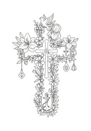 A detailed depiction of a traditional Lent cross adorned with flowers and symbols of hope, set in a serene outdoor setting