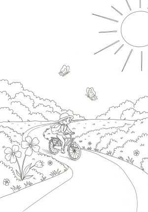 A tiny person riding a bicycle along a winding path in a sunny park, with flowers and butterflies nearby