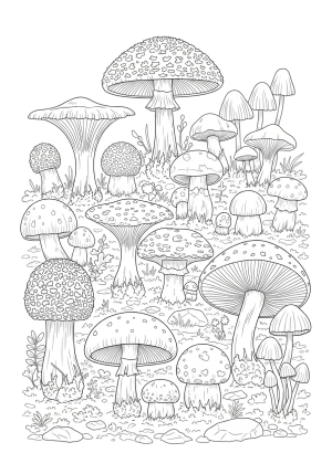 A group of various mushroom varieties with textured caps and stems, scattered across a forest floor with small plants and rocks