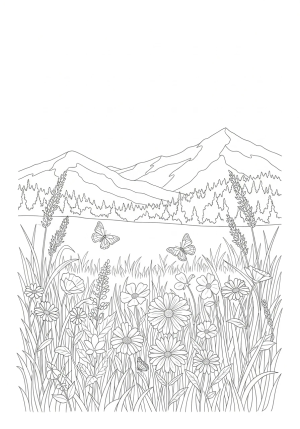 An enchanting meadow filled with wildflowers, tall grasses, butterflies, and a distant mountain range in the background, captured in delicate black and white line drawings