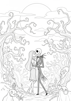 Jack Skellington and Sally sharing a tender moment under a full moon in a spooky haunted forest with twisted trees and whimsical creatures